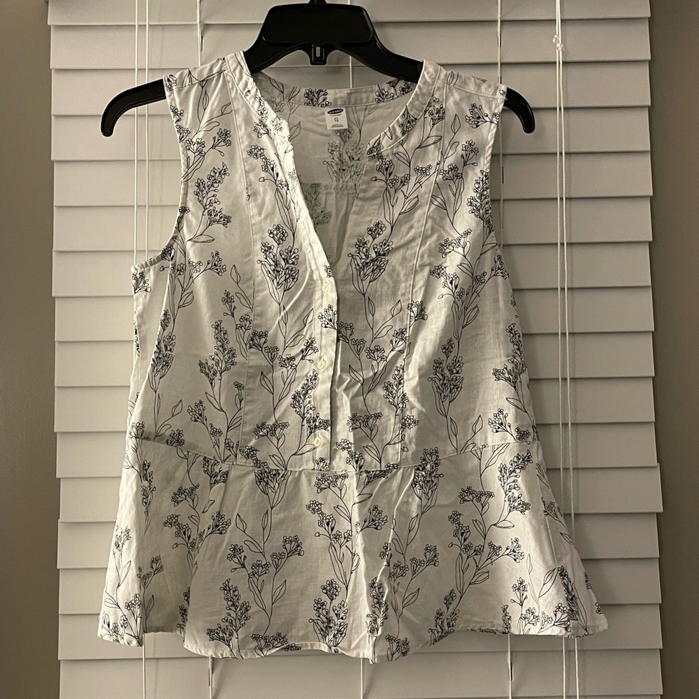 Old Navy White Black Floral Linen Blend Sleeveless Peplum Top Blouse